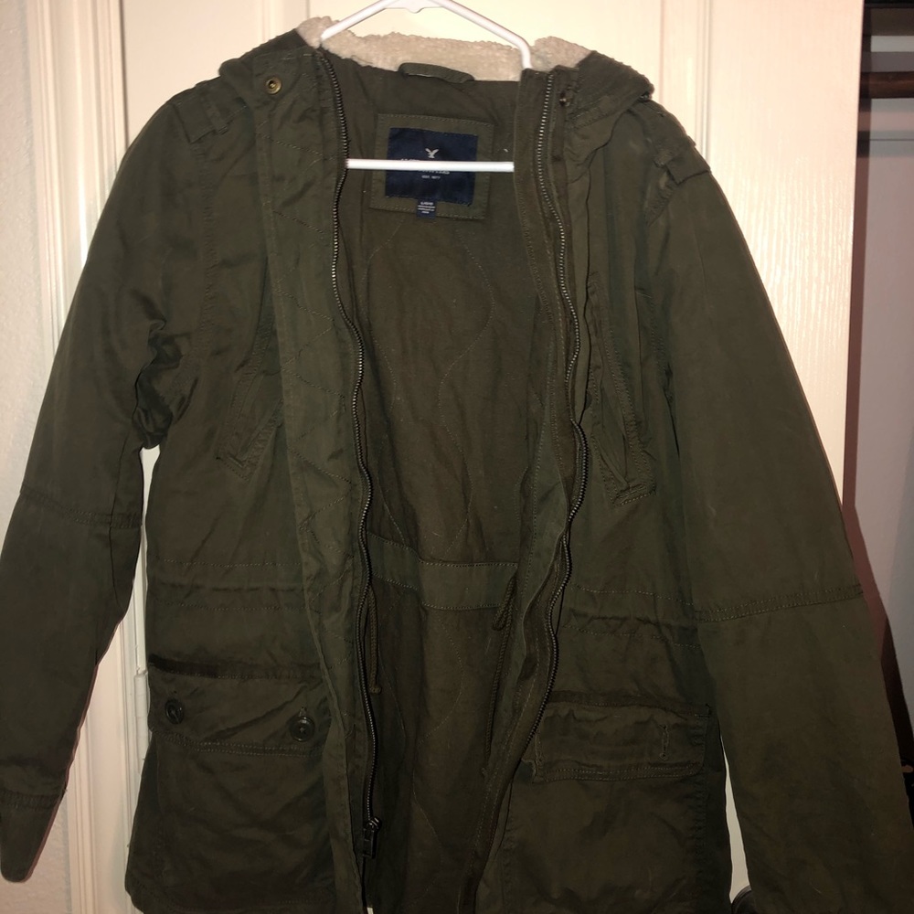 American Eagle army green fur coat Large
